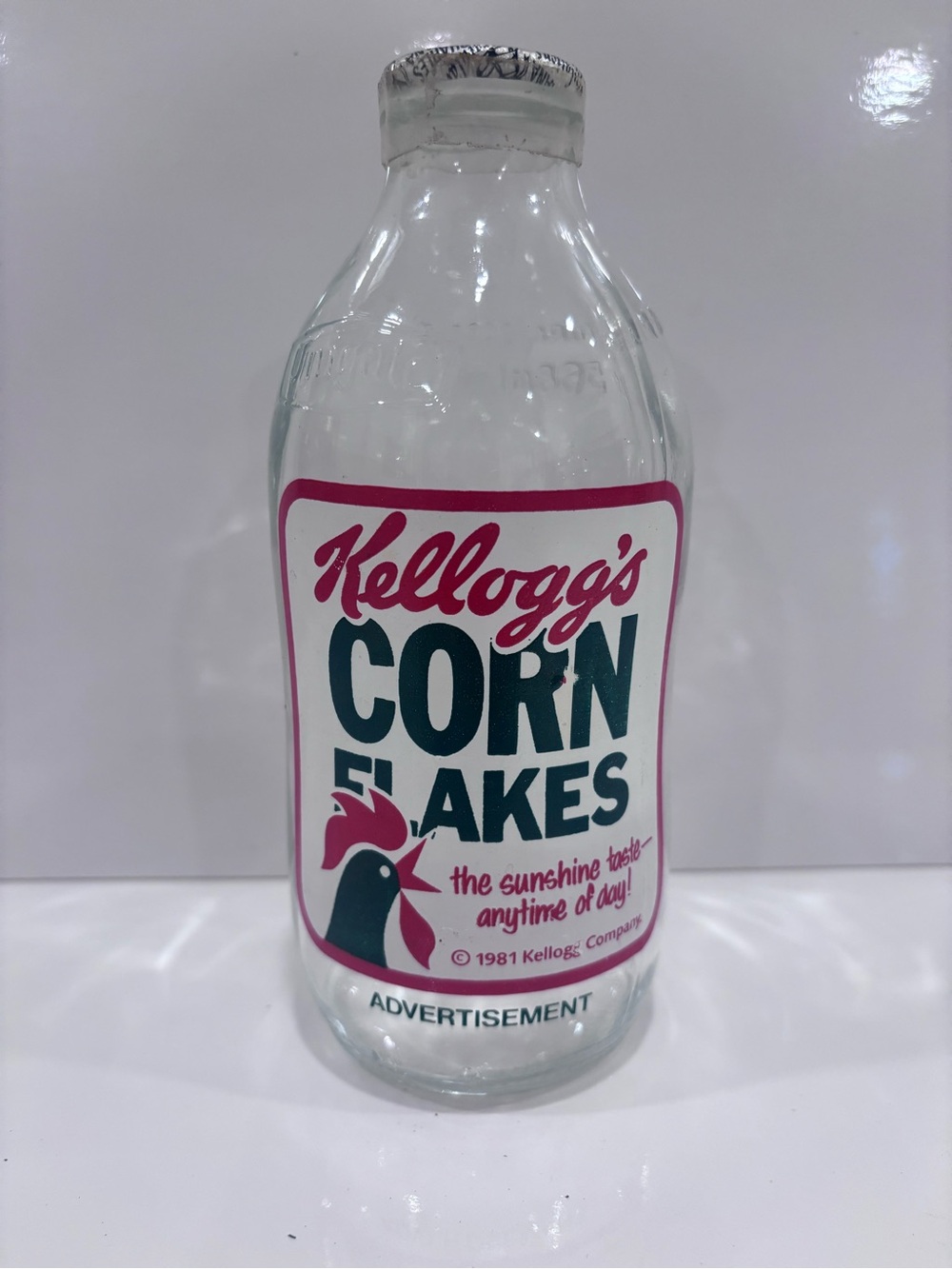 Kellogg's Corn Flakes Decorative Glass Bottle - Clear with Pink & Teal Label